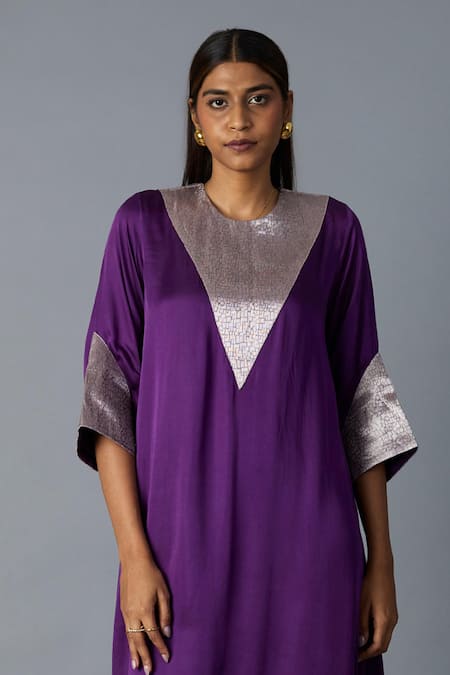 Shop_Vasstram_Purple Modal, Satin, Tissue Zari Round Neck Tikona Panelled Kurta And Pant Set _Online_at_Aza_Fashions