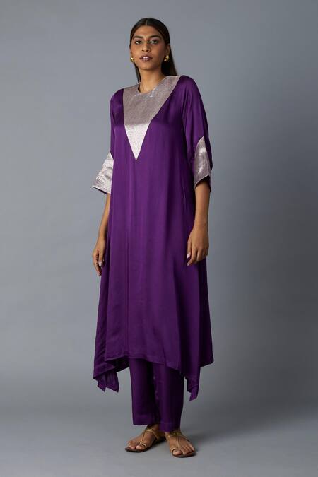 Shop_Vasstram_Purple Modal, Satin, Tissue Zari Round Neck Tikona Panelled Kurta And Pant Set 