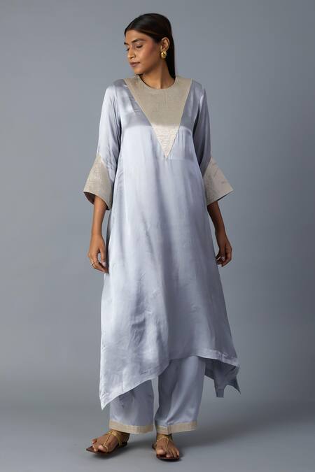 Buy_Vasstram_Gray Modal, Satin, Tissue Zari Round Neck Tikona Panelled Kurta And Pant Set _Online_at_Aza_Fashions
