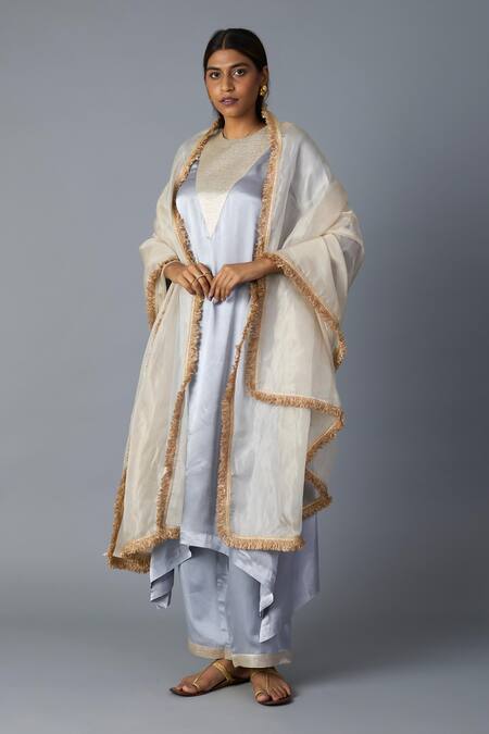 Shop_Vasstram_Gray Modal, Satin, Tissue Zari Round Neck Tikona Panelled Kurta And Pant Set _Online_at_Aza_Fashions