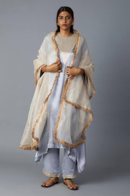 Vasstram_Gray Modal, Satin, Tissue Zari Round Neck Tikona Panelled Kurta And Pant Set _at_Aza_Fashions