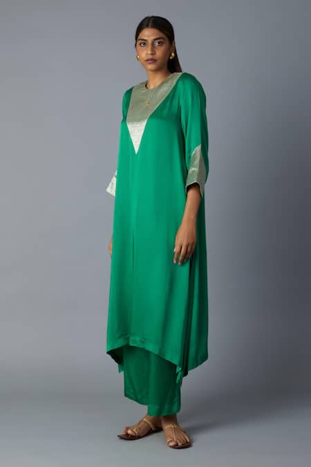 Vasstram_Emerald Green Modal, Satin, Tissue Zari Tikona Banarasi Panelled Kurta Set _Online_at_Aza_Fashions