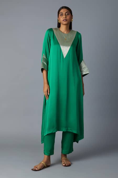 Buy_Vasstram_Emerald Green Modal, Satin, Tissue Zari Tikona Banarasi Panelled Kurta Set _Online_at_Aza_Fashions