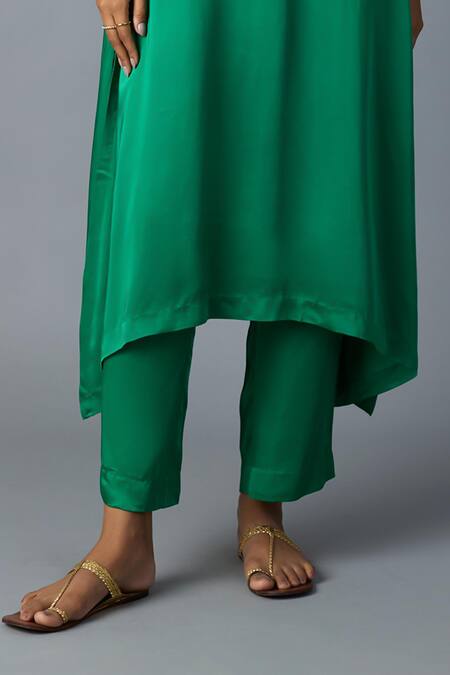 Shop_Vasstram_Emerald Green Modal, Satin, Tissue Zari Tikona Banarasi Panelled Kurta Set _Online_at_Aza_Fashions