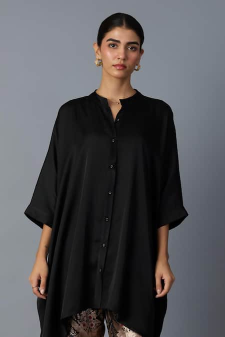 Vasstram_Black Modal, Satin, Brocade Zari Mandarin Collar Zoha Shirt And Woven Pant Set _Online_at_Aza_Fashions