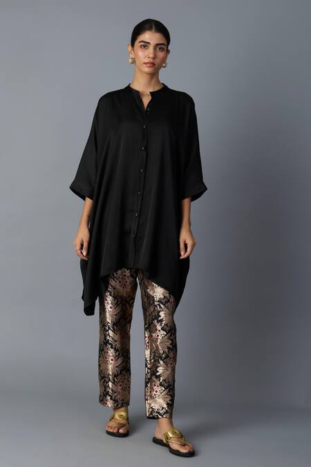 Buy_Vasstram_Black Modal, Satin, Brocade Zari Mandarin Collar Zoha Shirt And Woven Pant Set _Online_at_Aza_Fashions