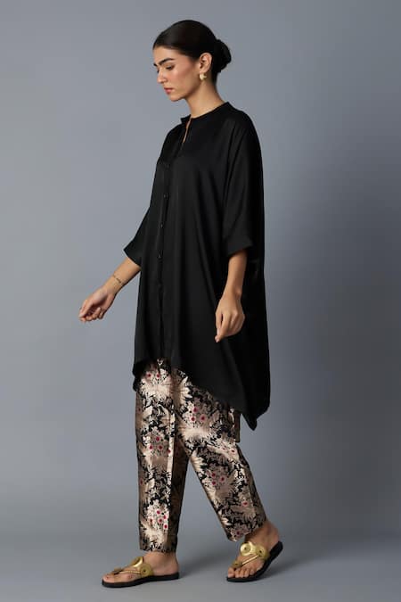 Shop_Vasstram_Black Modal, Satin, Brocade Zari Mandarin Collar Zoha Shirt And Woven Pant Set _Online_at_Aza_Fashions