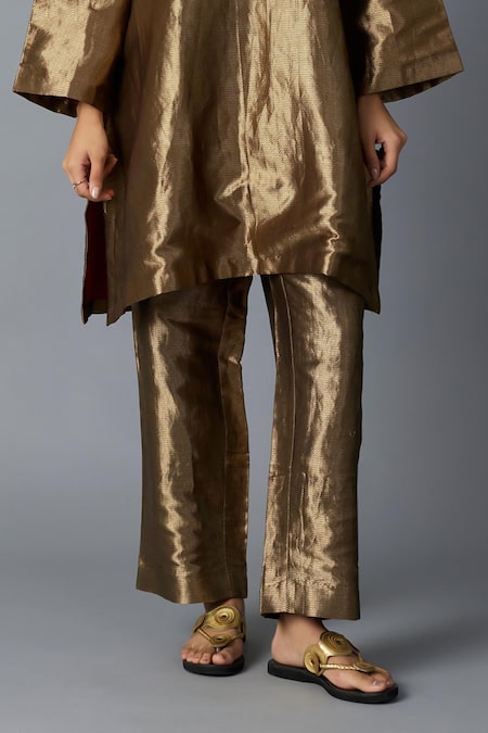 Shop_Vasstram_Gold Brocade Zari V-neck Chamkila Metallic Kurta And Pant Set _Online_at_Aza_Fashions