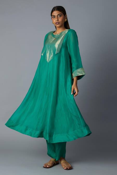 Buy_Vasstram_Green Organza, Modal, Satin Zari Round Jahaan Banarasi Yoke Kurta With Pant _Online_at_Aza_Fashions