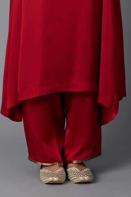 Vasstram_Maroon Modal, Satin Zari Round Neck Sabah Panelled Kurta With Pant _Online_at_Aza_Fashions