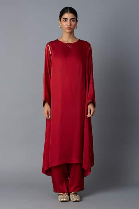 Buy_Vasstram_Maroon Modal, Satin Zari Round Neck Sabah Panelled Kurta With Pant _Online_at_Aza_Fashions