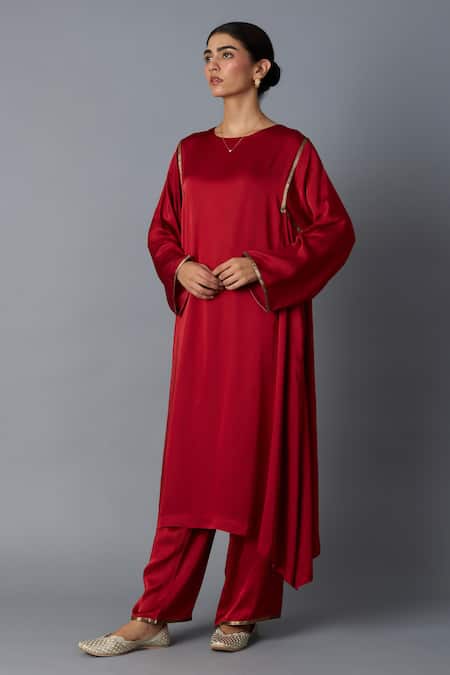 Shop_Vasstram_Maroon Modal, Satin Zari Round Neck Sabah Panelled Kurta With Pant _Online_at_Aza_Fashions