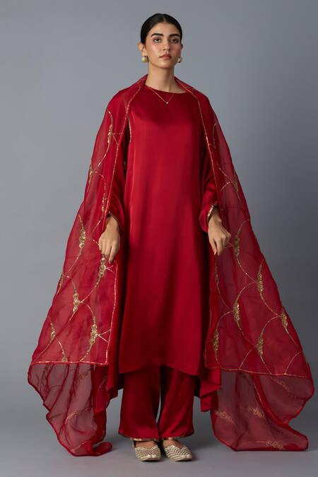 Buy_Vasstram_Maroon Modal, Satin Zari Round Neck Sabah Panelled Kurta With Pant 