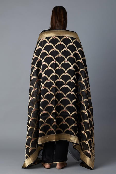 Vasstram_Black Modal, Satin Zari Round Neck Sabah Panelled Kurta With Pant _Online_at_Aza_Fashions