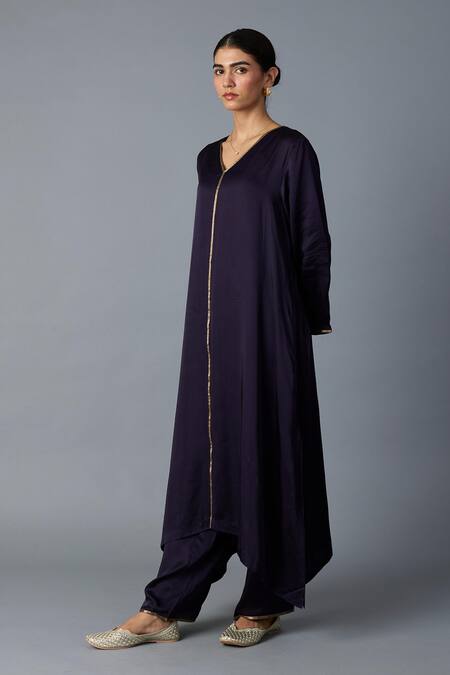 Vasstram_Purple Modal, Satin Zari V-neck Firoza Panelled Kurta With Pant _Online_at_Aza_Fashions