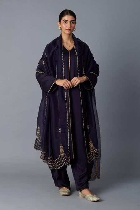 Vasstram_Purple Modal, Satin Zari V-neck Firoza Panelled Kurta With Pant _at_Aza_Fashions