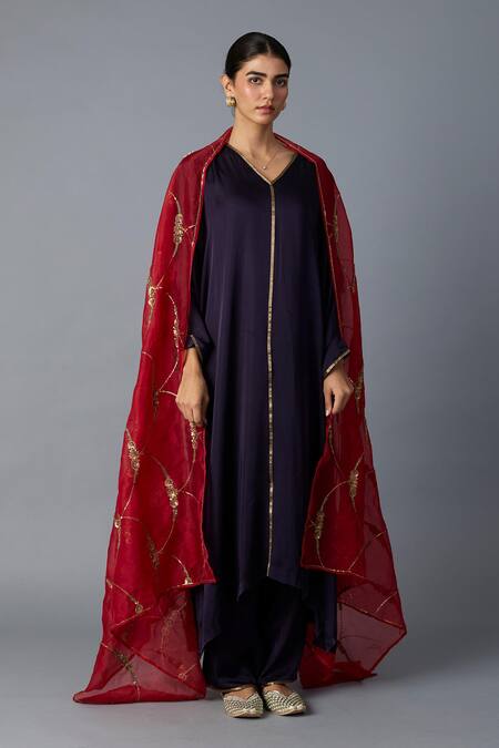 Buy_Vasstram_Purple Modal, Satin Zari V-neck Firoza Panelled Kurta With Pant 