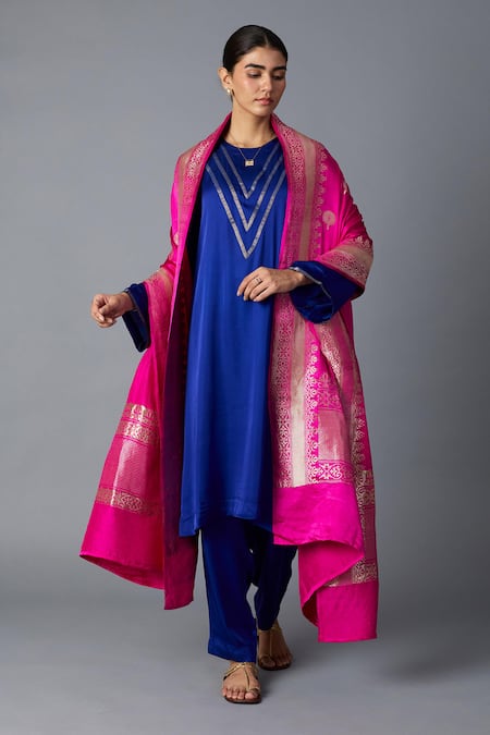 Vasstram_Blue Modal, Satin Zari Round Neck Teen Patti Set - Royal _Online_at_Aza_Fashions