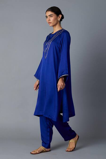 Buy_Vasstram_Blue Modal, Satin Zari Round Neck Teen Patti Set - Royal _Online_at_Aza_Fashions