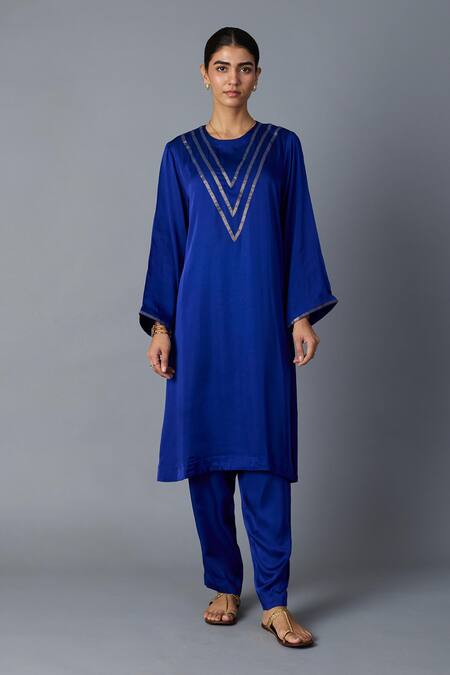 Shop_Vasstram_Blue Modal, Satin Zari Round Neck Teen Patti Set - Royal _Online_at_Aza_Fashions