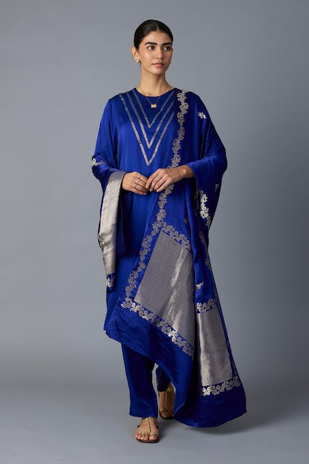 Vasstram_Blue Modal, Satin Zari Round Neck Teen Patti Set - Royal _at_Aza_Fashions
