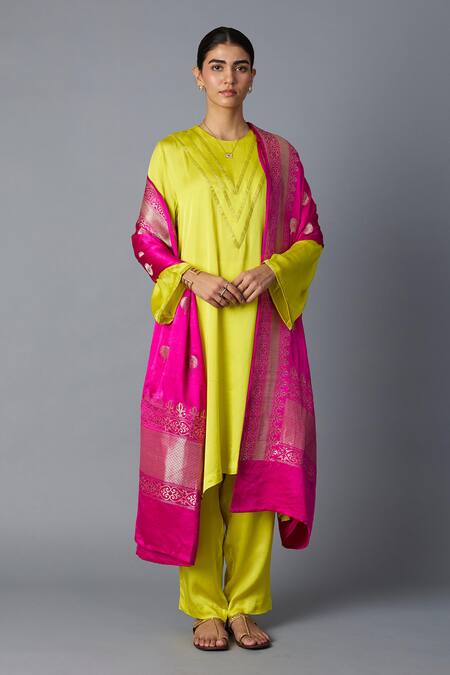 Vasstram_Yellow Modal, Satin Zari V-neck Teen Patti Panelled Kurta And Pant Set _at_Aza_Fashions