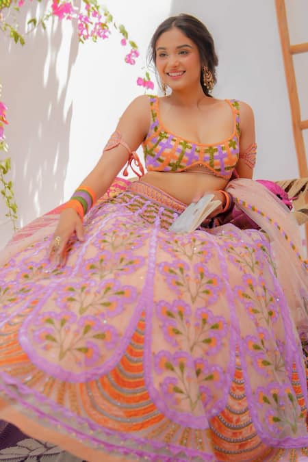 Shop_Tuhina Srivastava_Peach Silk Organza, Net, Tulle Embroidery, Sequins Floral Lehenga Blouse Set _Online_at_Aza_Fashions