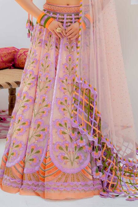 Shop_Tuhina Srivastava_Peach Silk Organza, Net, Tulle Embroidery, Sequins Floral Lehenga Blouse Set 