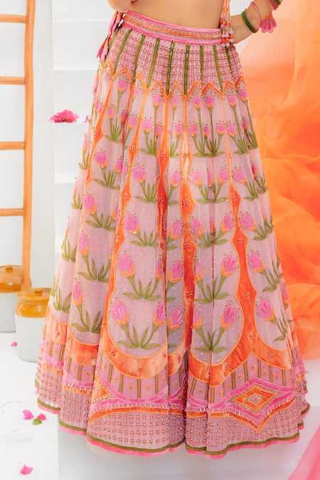 Shop_Tuhina Srivastava_Pink Organza, Satin, Net, Tulle Stones, Floral Motif Lehenga Set 