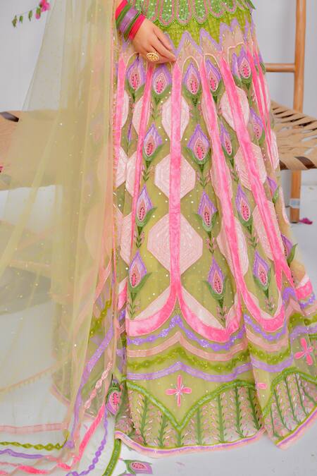 Shop_Tuhina Srivastava_Green Tulle, Velvet, Organza, Patchwork, Beads, Lehenga Blouse Set _Online_at_Aza_Fashions