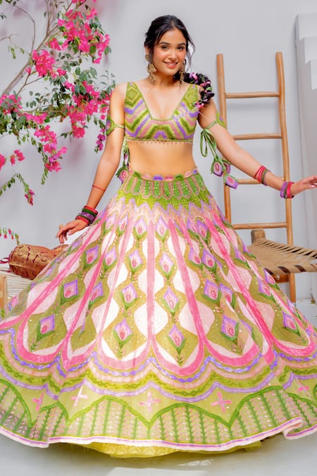 Tuhina Srivastava_Green Tulle, Velvet, Organza, Patchwork, Beads, Lehenga Blouse Set _at_Aza_Fashions