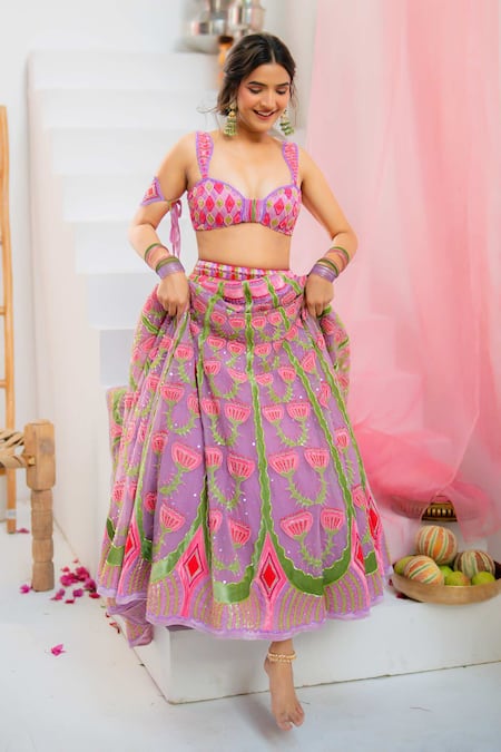 Shop_Tuhina Srivastava_Lilac Velvet, Silk Organza, Silk, Tulle Patchwork, Embroidery, Lehenga Set _Online_at_Aza_Fashions