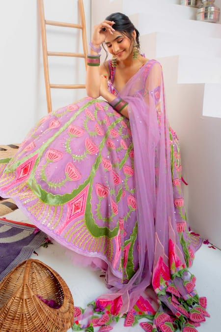 Tuhina Srivastava_Lilac Velvet, Silk Organza, Silk, Tulle Patchwork, Embroidery, Lehenga Set _at_Aza_Fashions