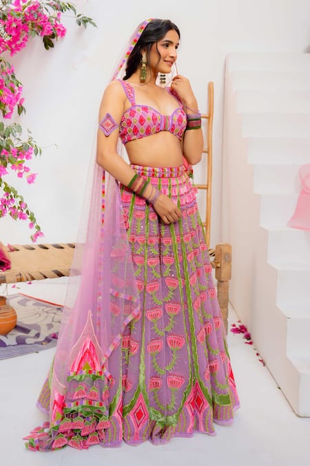 Buy_Tuhina Srivastava_Lilac Velvet, Silk Organza, Silk, Tulle Patchwork, Embroidery, Lehenga Set 