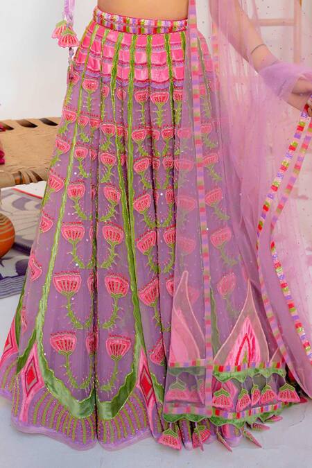 Shop_Tuhina Srivastava_Lilac Velvet, Silk Organza, Silk, Tulle Patchwork, Embroidery, Lehenga Set 