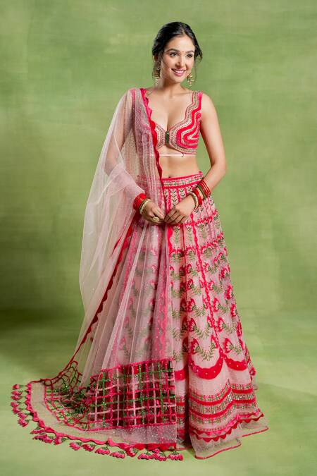 Shop_Tuhina Srivastava_Pink Organza, Tulle, Embroidery, Beads, Sequins, Floral Lehenga Set _Online_at_Aza_Fashions