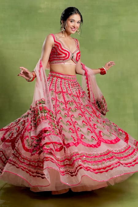 Tuhina Srivastava_Pink Organza, Tulle, Embroidery, Beads, Sequins, Floral Lehenga Set _at_Aza_Fashions