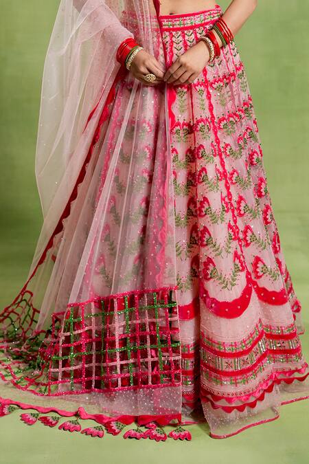 Buy_Tuhina Srivastava_Pink Organza, Tulle, Embroidery, Beads, Sequins, Floral Lehenga Set 