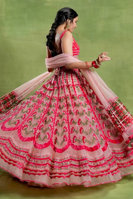 Shop_Tuhina Srivastava_Pink Organza, Tulle, Embroidery, Beads, Sequins, Floral Lehenga Set 