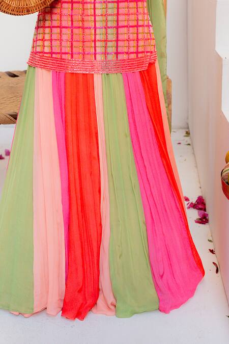 Tuhina Srivastava_Pink Tulle, Silk, Chinon, Chiffon Embroidery Tartan Kurta And Panelled Skirt Set _Online_at_Aza_Fashions