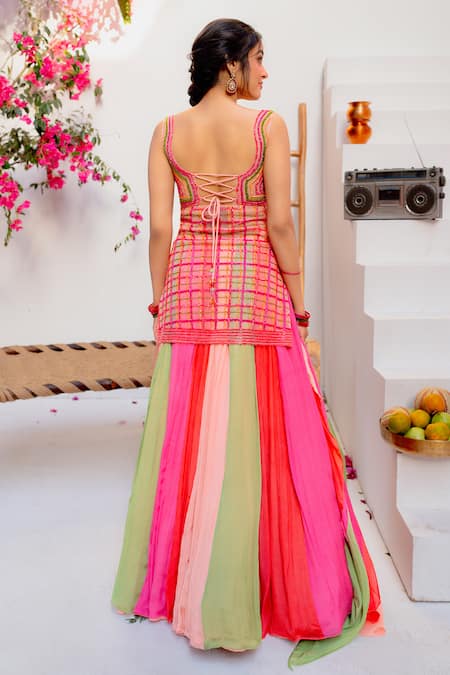 Tuhina Srivastava Tartan Embroidered Kurta & Panelled Skirt Set 