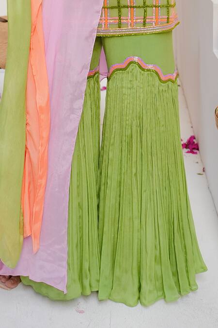 Buy_Tuhina Srivastava_Green Tulle, Silk, Chinon, Chiffon Embroidery Square Tartan Kurta Sharara Set _Online_at_Aza_Fashions