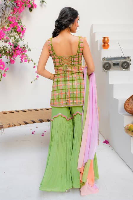 Tuhina Srivastava Tartan Embroidered Kurta Sharara Set 