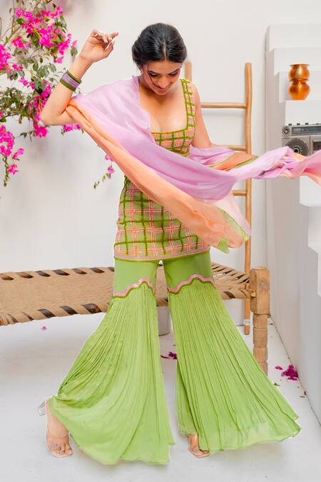 Tuhina Srivastava_Green Tulle, Silk, Chinon, Chiffon Embroidery Square Tartan Kurta Sharara Set _at_Aza_Fashions