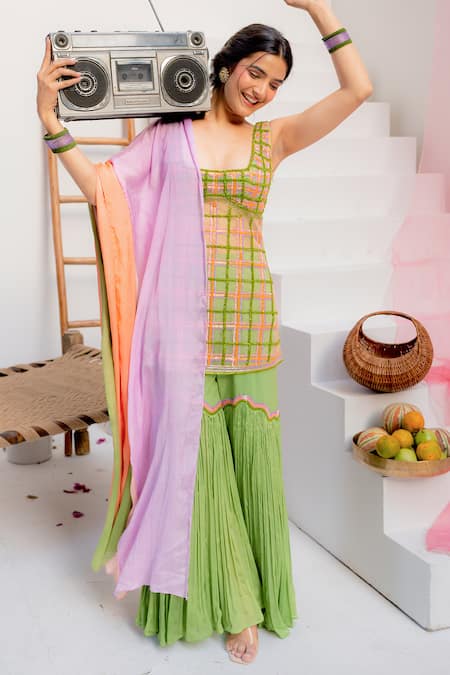Buy_Tuhina Srivastava_Green Tulle, Silk, Chinon, Chiffon Embroidery Square Tartan Kurta Sharara Set 