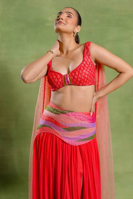 Shop Tuhina Srivastava Red Georgette, Tulle Sequins, Embroidery Sweetheart Neck Skirt And Blouse Set Online at Aza Fashions Shop_Tuhina Srivastava_Red Georgette, Tulle Sequins, Embroidery Sweetheart Neck Skirt And Blouse Set _Online_at_Aza_Fashions