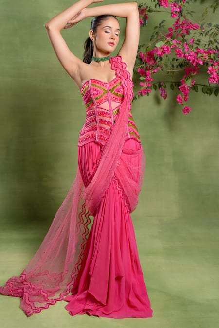 Tuhina Srivastava_Pink Georgette, Tulle Embroidery, Sequins Wavy Corset Skirt Set With Trail _Online_at_Aza_Fashions