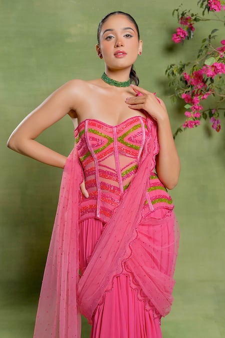 Buy_Tuhina Srivastava_Pink Georgette, Tulle Embroidery, Sequins Wavy Corset Skirt Set With Trail _Online_at_Aza_Fashions