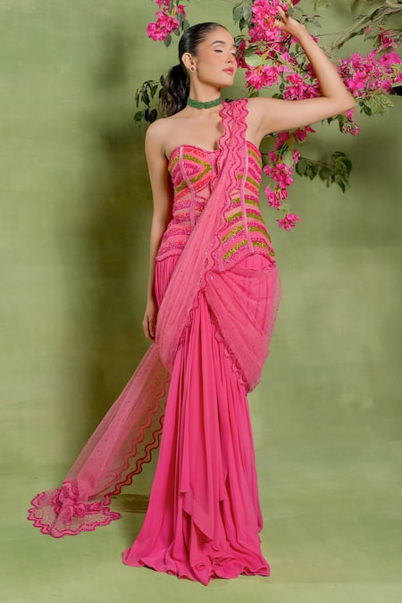 Shop_Tuhina Srivastava_Pink Georgette, Tulle Embroidery, Sequins Wavy Corset Skirt Set With Trail _Online_at_Aza_Fashions