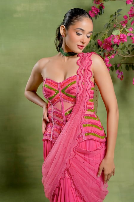 Tuhina Srivastava_Pink Georgette, Tulle Embroidery, Sequins Wavy Corset Skirt Set With Trail _at_Aza_Fashions